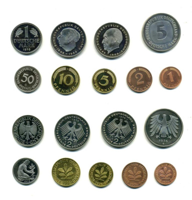 ФРГ набор из 9 монет 1976 G (1, 2, 5, 10, 50 пфеннигов, 1, 2, 2, 5 марок) PROOF N5-20