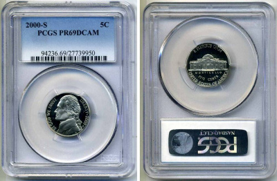 США 5 центов 2000 S, президент Джеферсон, в слабе PCGS PR69CAM KM А192 медно-никель PROOF 00-00