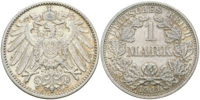 Германия 1 марка 1911 F Weege 18, J. 17, KM 14 серебро aUNC 413-5115