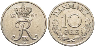 ДАНИЯ 10 ЭРЕ 1968 C;S, ФРЕДЕРИК IX (1947-1972) KM 849,1 медно-никель 201-1227