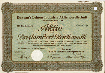Германия 300 рейхсмарок 1929 АО Duncan's Leinen-Industrie, акция   бумага  8803-52-1
