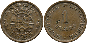Португальская Ангола 1 эскудо 1965 KM 76 бронза 33-953