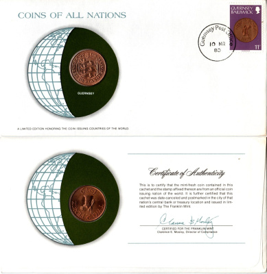 Гернси 2 пенса 1979 конверт с маркой первого дня гашения, Coins of Nations KM 28 бронза UNC 4295-6-1