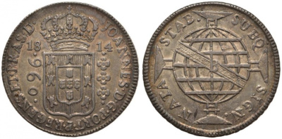 Бразилия 960 рейс 1814 В, монетный двор Бахия (Bahia), перечекан, патина, Жоао принц-регент (1799-1818) KM 307.1 серебро 00-815-14