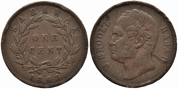 Саравак 1 цент 1863 раджа Джеймс Брук, Королевство Саравак (1846 - 1946) KM 3 медь 1521-343