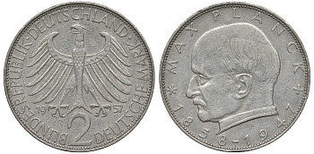ФРГ 2 марки 1957 F, Макс Планк KM 116, J. 392 медно-никель плакированный никелем 4681-636