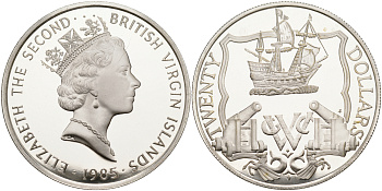 Британские Виргинские острова 20 долларов 1985 парусник и орудия KM 65 серебро  PROOF  1095-2-23