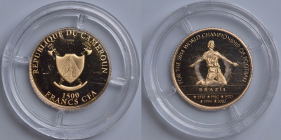 КАМЕРУН 1500 ФРАНКОВ 2014 ЧЕМПИОНАТ МИРА ПО ФУТБОЛУ - 2014, БРАЗИЛИЯ - ГОДЫ ЧЕМПИОНСТВА, РАДОСТНЫЙ ИГРОК ЗАБИВШИЙ ГОЛ KM NEW золото PROOF 00-000-00