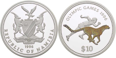 Намибия 10 долларов 1995 олимпийские игры 1996 года в Атланте США, бег с гепардом, цветная эмаль, в коробке KM 11 серебро PROOF 6-5-3-36