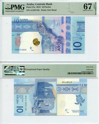 Аруба 10 флоринов 2019 Руины золотой мельницы Буширибана, черепаха, в слабе PMG Super Gem 67 Pick 21  бумага  UNC (пресс) 452-2-10