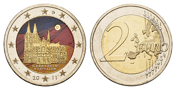 Германия 2 евро 2011 D, серия федеральные земли, Северный Рейн-Вестфалия, Кельнский собор, цветное покрытие KM 293 биметалл UNC 1084-7-71