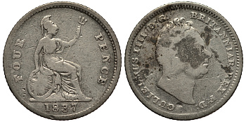 Великобритания 4 пенса (гроут) 1837 Вильгельм IV (1830-1837) КМ 723, Spink 3837 серебро 1515-2145
