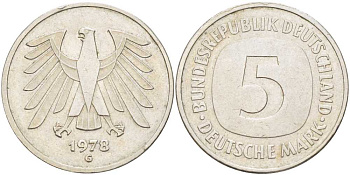 ФРГ 5 МАРОК 1978 G KM 140.1, J. 415 медно-никель плакированный никелем 115-615