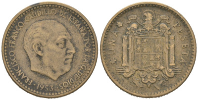 Испания 1 песета 1953 Франсиско Франко (1939-1975) KM 775 алюминиевая бронза 4618-214