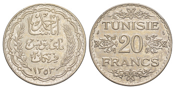 Тунис 20 франков 1934 KM 263 серебро 1518-1312