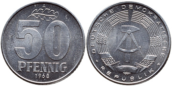 ГДР 50 пфеннигов 1968 А KM 12.2 алюминий UNC 76-1051