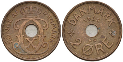 Дания 2 эре 1939 Кристиан X (1912-1947) KM 827 бронза 4147-536