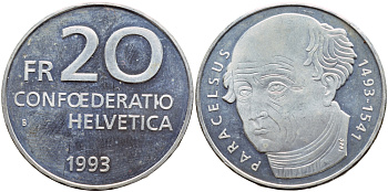 Швейцария 20 франков 1993 В, 500 лет со дня рождения врача Парацельса KM 73 серебро PROOF 1524-714