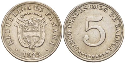 Панама 5 сентесимо 1929 KM 9 медно-никель 210-1035