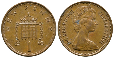 Великобритания 1 пенни 1981 Елизавета II (1952-2022) KM 915, Spink 4237 (B1) бронза 89-726