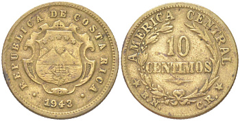 Коста-Рика 10 сентимо 1943 редкий год KM 180 латунь 4613-338