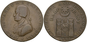 Великобритания, Хэмпшир 1/2 пенни 1794 Портсмут, Джон Говард, токены Кондера Dalton & Hamer 55, Atkins 34 медь 1529-1144