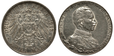 Пруссия 2 марки 1913 A, Вильгельм II (1888-1918), 25 лет правления (мундир) Weege 111, J. 111, KM 533 серебро 3711-822