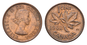 Канада 1 цент 1962 Елизавета II (1952-2022), кленовый лист KM 49 бронза 3458-745