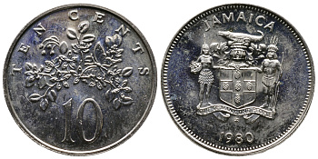 ЯМАЙКА 10 ЦЕНТОВ 1980 ЦВЕТОК KM 54 медно-никель UNC 84-243