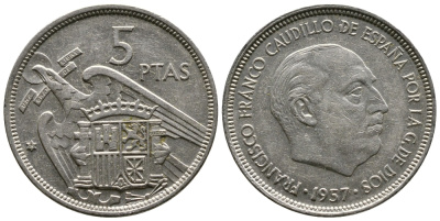Испания 5 песет 1957 (75) Франциско Франко (1939-1975) KM 786 медно-никель 4110-1513
