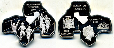 Замбия 5000 квача 2000 миллениум, Олимпийский игры 2000 года, Сиднейская опера, Елизавета II KM 115 серебро PROOF 1071-9-23