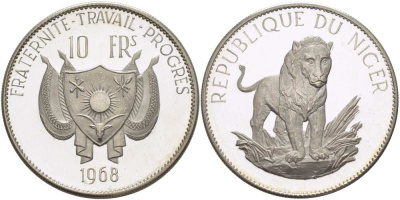 Нигер 10 франков 1968 лев, без черты над Е, в слове Republique KM 8.2 серебро PROOF 02-015-45