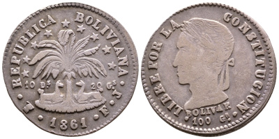Боливия 2 соля 1861 FJ KM 135.2 серебро 4178-1241