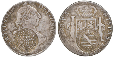 Бразилия 960 рейсов ND (1808) надчеканка на монете 8 реалов 1784 (Боливия) KM 240 серебро 10-014-06