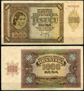 Хорватия 1000 кун 1941 женщина, горы Велебит Pick 4 бумага 8619-2-2-2