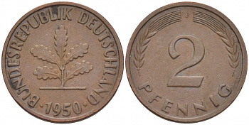ФРГ 2 ПФЕННИГА 1950 J KM 106, J. 381 бронза 112-929