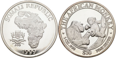 Сомали 10 долларов 1999 африканские обезьяны KM 290 серебро PROOF 11-326-41
