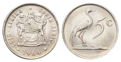 ЮАР 5 центов 1984 герб, райский журавль KM 84 никель UNC 4696-964
