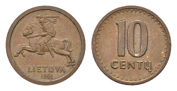Литва 10 центов (сентов) 1991 год-тип KM 88 бронза 4689-1051