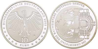 ФРГ 10 евро 2003 G, 200 лет Готфриду Земперу KM 227, DE.S. 10.11 серебро PROOF 1085-5-41