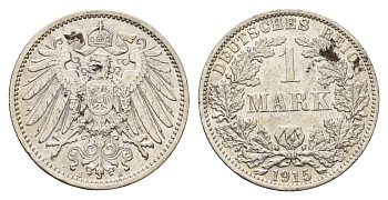 Германия 1 марка 1915 A, Вильгельм II (1888-1918) KM 14, J. 17 серебро 98-1017