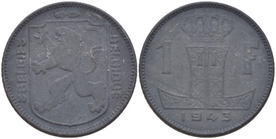 БЕЛЬГИЯ 1 ФРАНК 1943 BELGIE-BELGIQUE, ГЕРМАНСКАЯ ОККУПАЦИЯ KM 128 цинк 31-1241