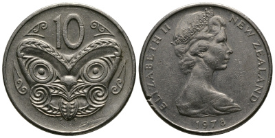 Новая Зеландия 10 центов 1978 Елизавета II (1952-2022), маска маори KM 41.1 медно-никель 76-722