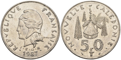 Французская Новая Каледония 50 франков 1987 хижина среди сосен и пальм, (IEOM) KM 13, Schoen 15, Lec 121 никель 4120-643