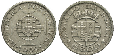 Португальская Индия 6 эскудо 1959 Португальская администрация KM 35 медно-никель 443-1045