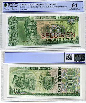Албания 1000 леков 1992 Скандербег, Specimen. номер 000000, без серии, горизонтальная надпечатка, в слабе PCGS 64 Choice UNC Pick 54 s бумага UNC (пресс) 452-1-43