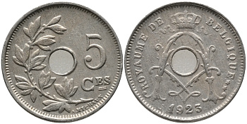 БЕЛЬГИЯ 5 САНТИМОВ 1923 BELGIQUE KM 66 медно-никель 76-547