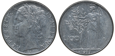 ИТАЛИЯ 100 ЛИР 1977 R , АФИНА KM 96.1 нержавеющая сталь 72-924