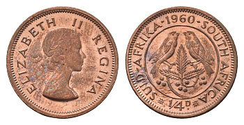 ЮАР 1/4 пенни (фартинг) 1960 Елизавета II (1952-2022) KM 44 бронза UNC 4690-926
