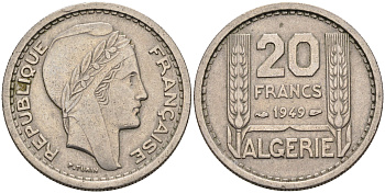 Алжир, Французский 20 франков 1949  KM 91 медно-никель 4589-715